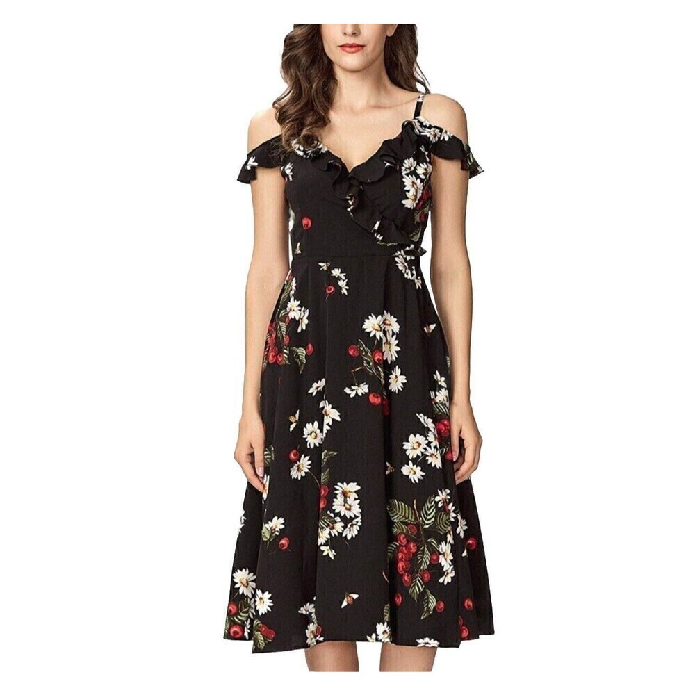 Noctflos Black Floral Cherry Midi Dress Cold Shoulder Wrap A-Line M